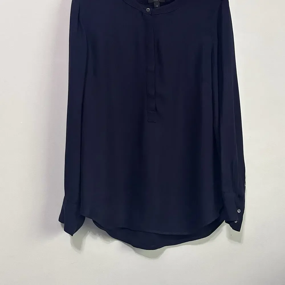 J Crew Drapey Henley Tunic Top‎ Popover Blouse 12 Navy Blue Work Long Sleeve